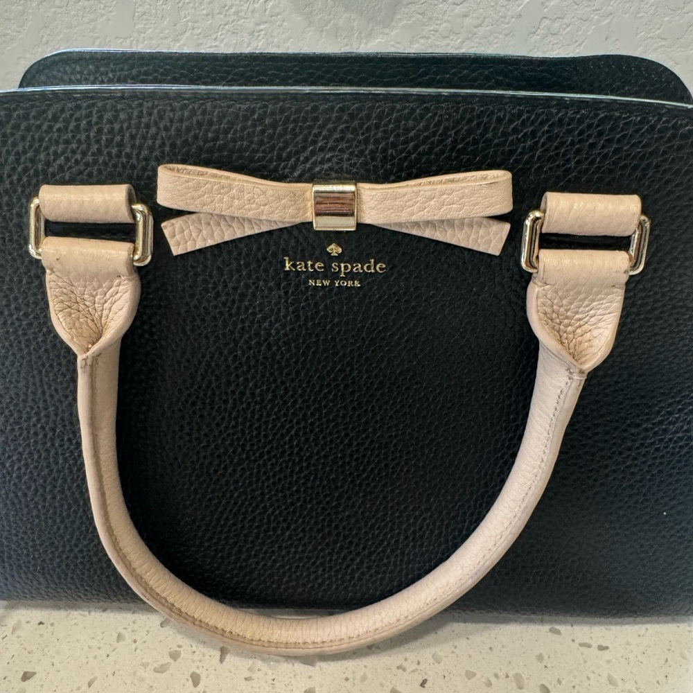 kate spade Black Leather Satchel with Cream Bow and Handles
